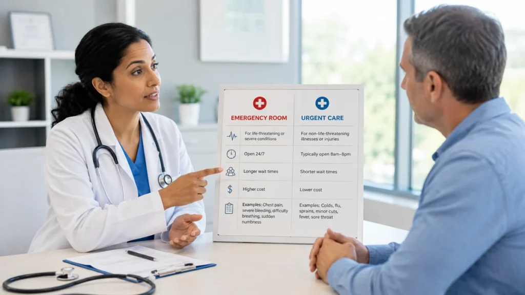 Emergency Room vs Urgent Care doctor guiding patient in hospital