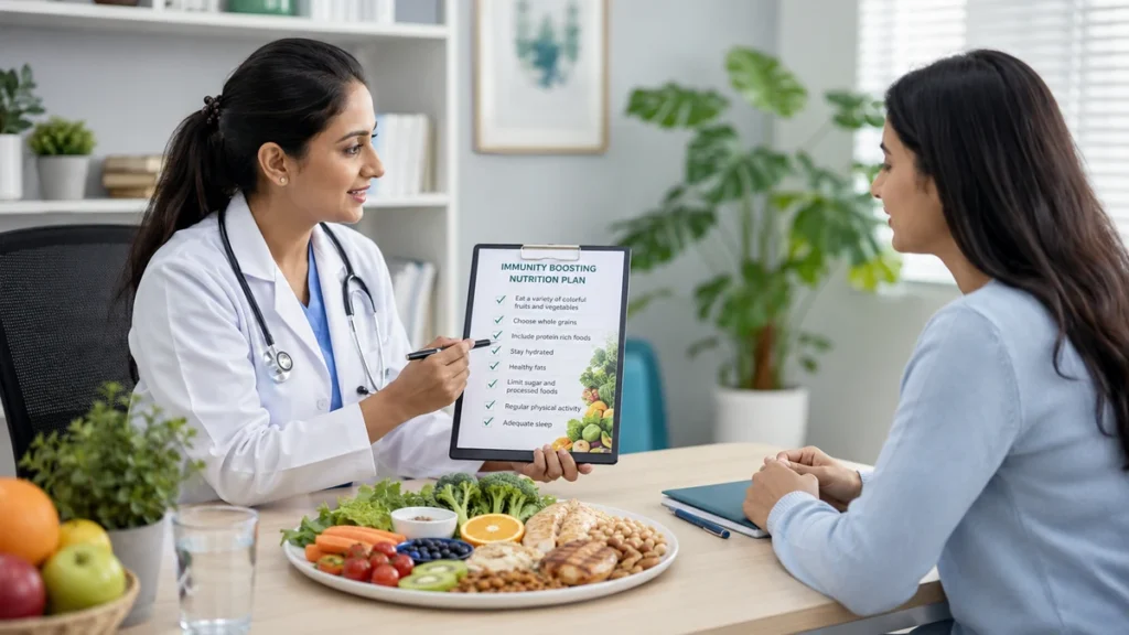 Healthy Diet Plan doctor explaining balanced nutrition for better immunity