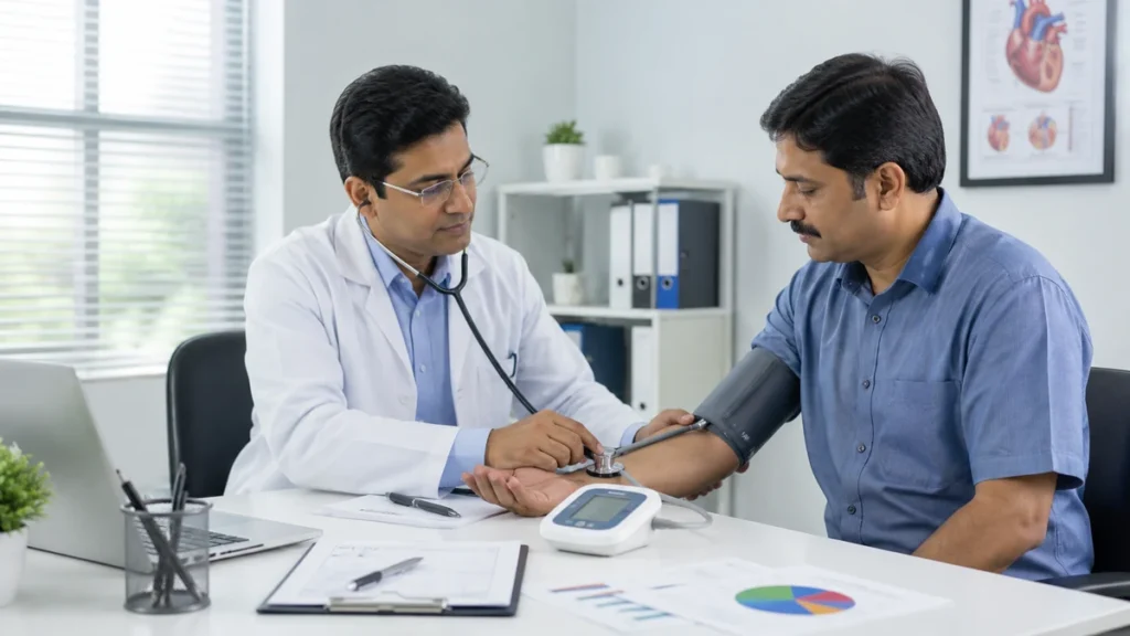 High Blood Pressure Symptoms Risks Control Tips doctor checking patient blood pressure