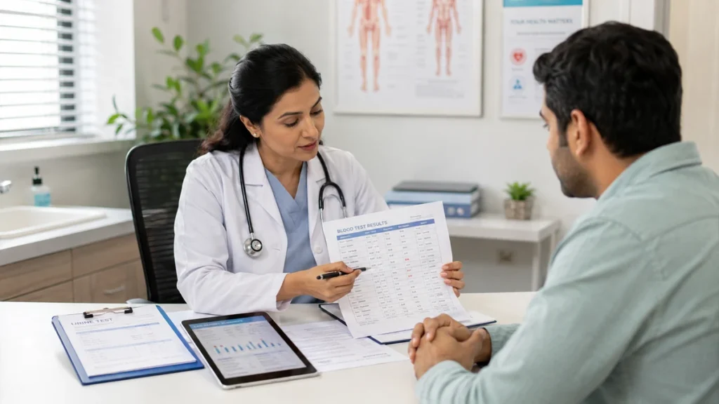 Medical Tests doctor explaining lab report results to patient