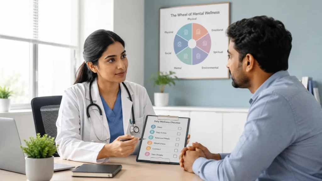 Mental Health Tips doctor discussing stress management with patient