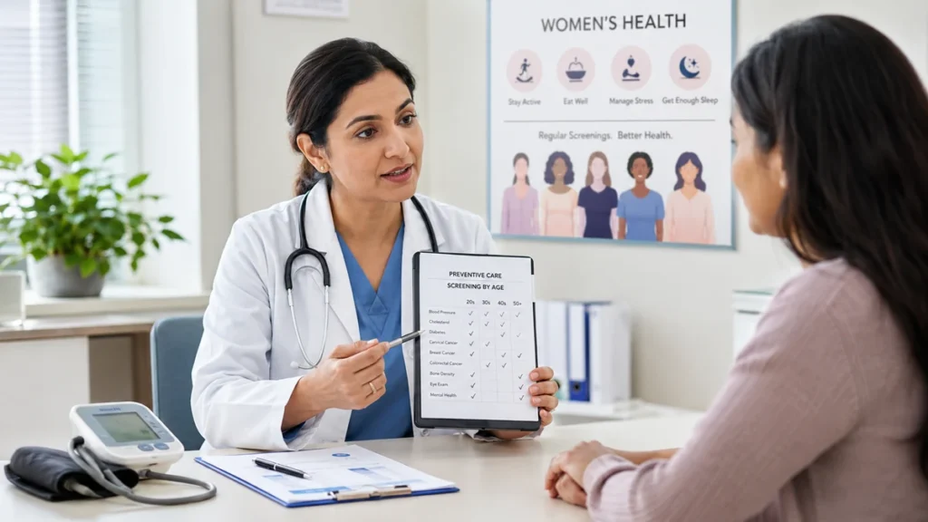 Womens Health Screening doctor discussing preventive care with female patient
